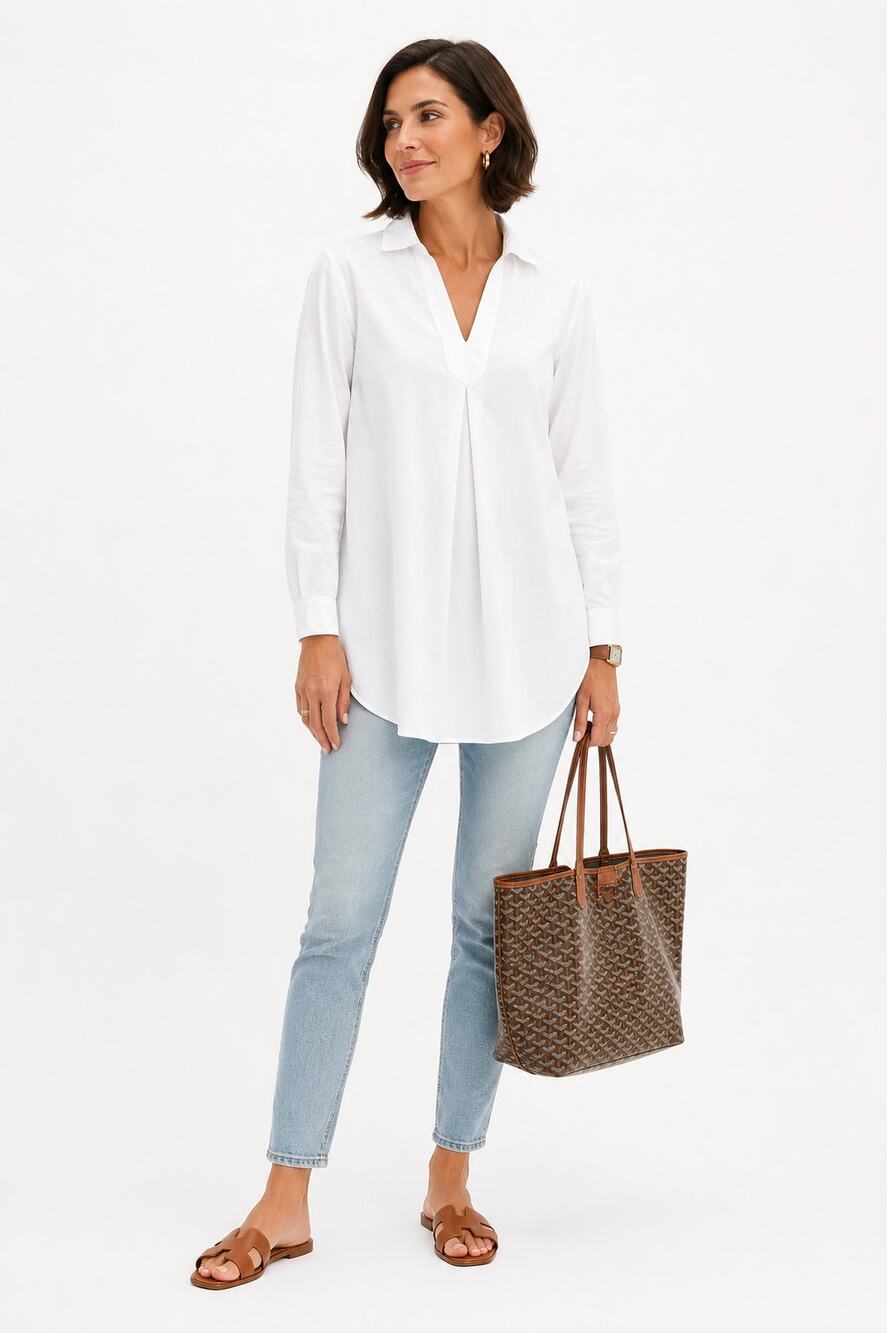 Garnet Hill Organic Pima Cotton Tunic Blouse Small White Long Sleeve Popover